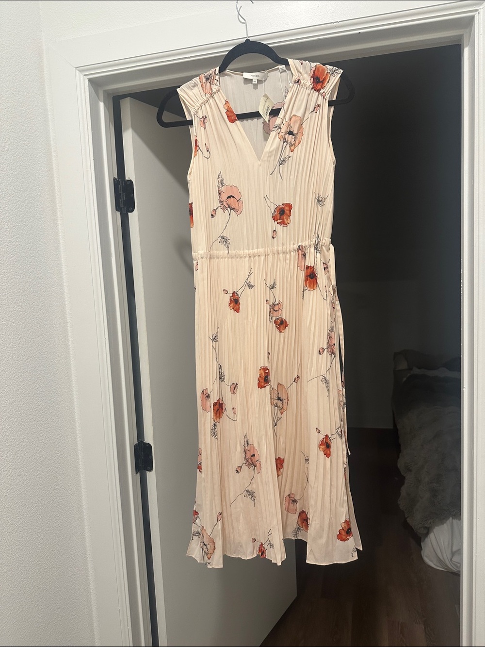 Vince Cream Midi Dress with Coral Floral Print
